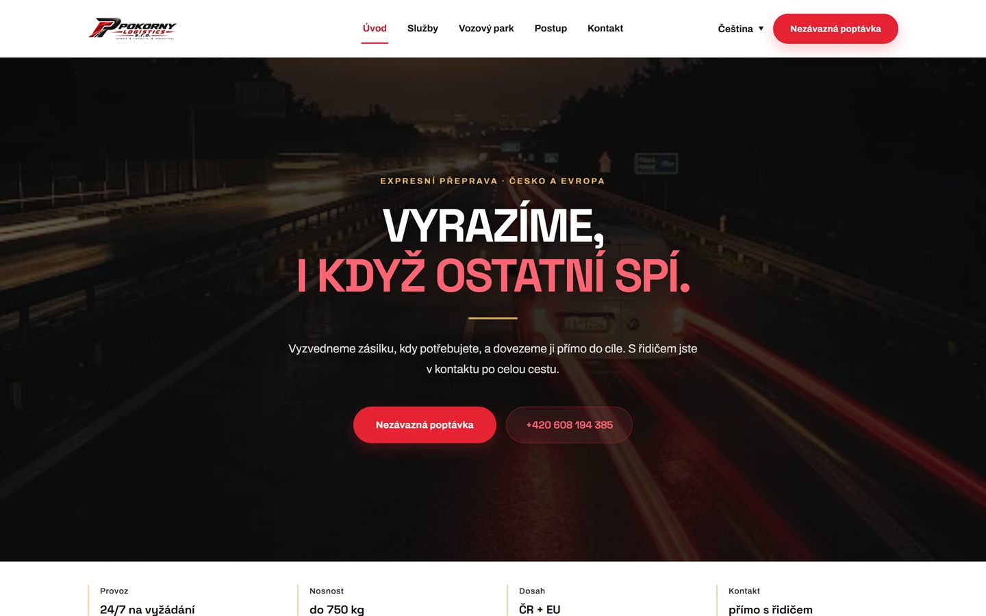 Úvodní stránka webu Pokorný Logistics na počítači: noční dálnice a nadpis „Vyrazíme, i když ostatní spí.“